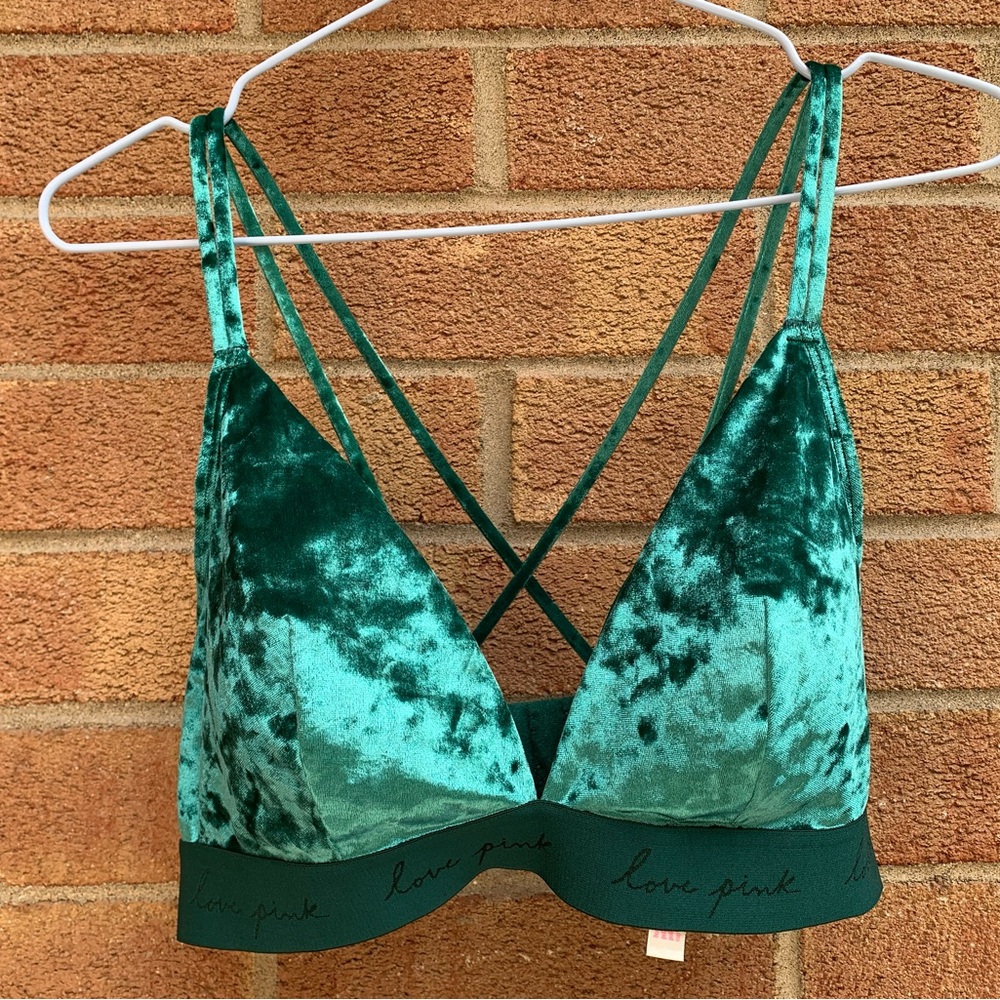 Victoria's Secret Love PINK Velvety Christmas Elf Bralette Deep Garden Green L